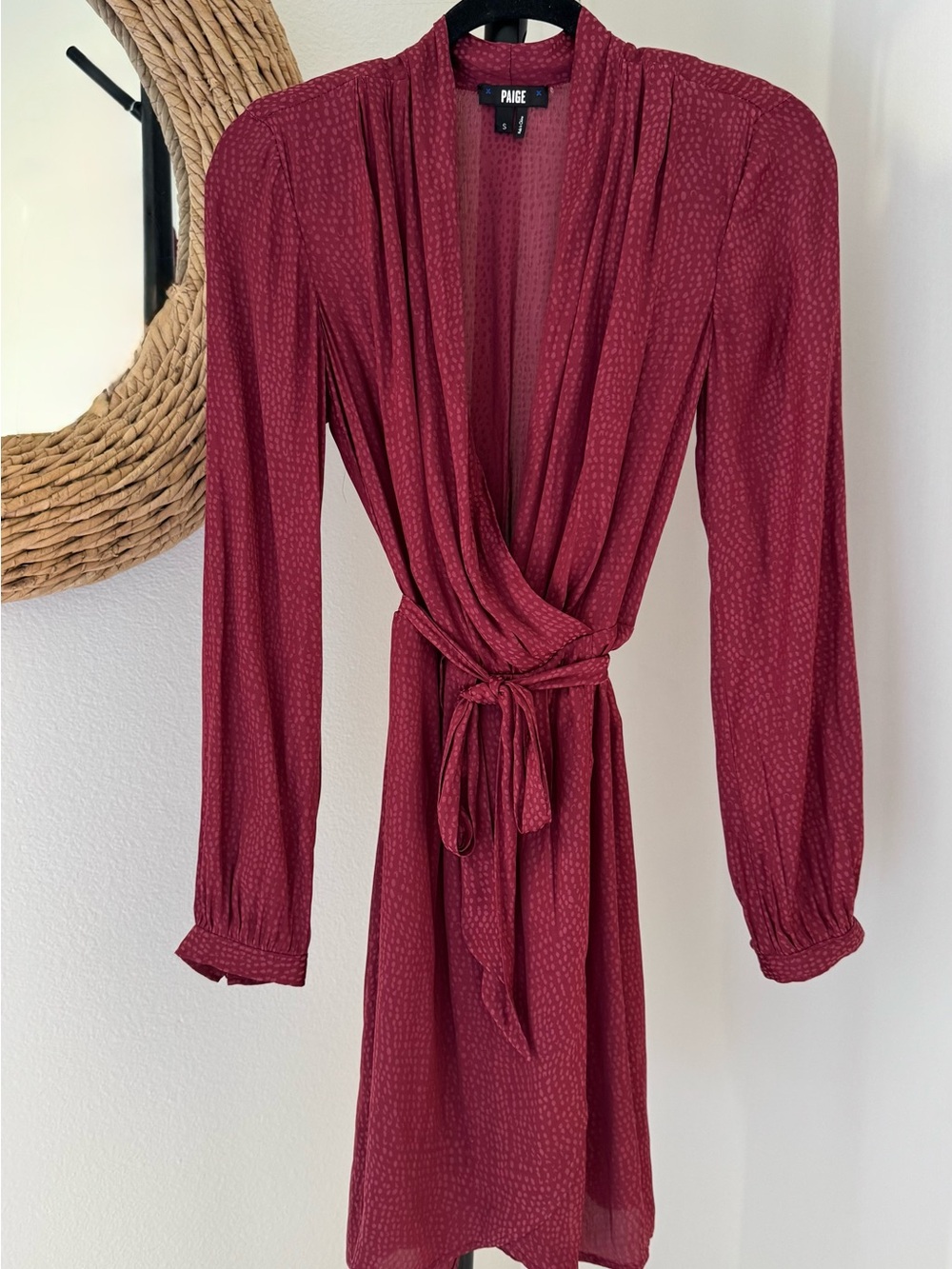 PAIGE Parisa Wine Long-Sleeve Wrap Dress with Tie Waist S